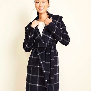 💙 Ann Taylor - NWT - Navy & White Windowpane Plaid Coat, Lined, w/Belt - Size: L